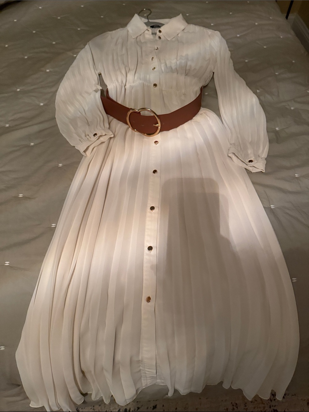 Zara White Pleated Maxi Shirt Dress with Brown Belt - Picture 5 of 5